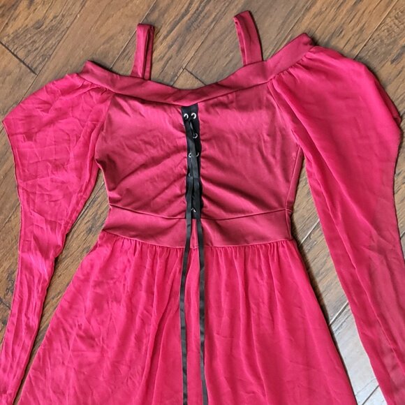 Renaissance Faire Gothic Vampire Red Dress Off-Shoulder Lace-up Dramatic Sleeves - Picture 4 of 15